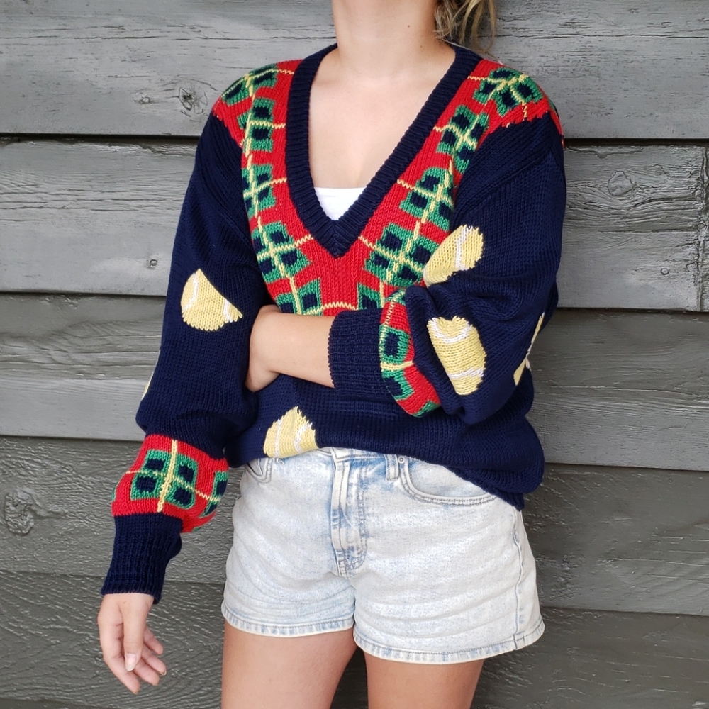 Vintage TENNIS V-neck Chunky Knit Pullover Sweater - Picture 9 of 10
